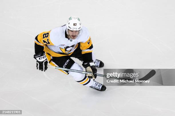 Sidney Crosby of the Pittsburgh Penguins skates during the second period of a game against the New York Rangers at Madison Square Garden on April 01,...