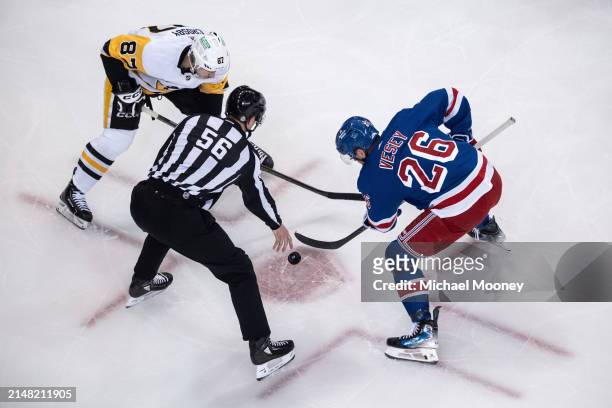 Jimmy Vesey of the New York Rangers takes a second period faceoff against Sidney Crosby of the Pittsburgh Penguins at Madison Square Garden on April...