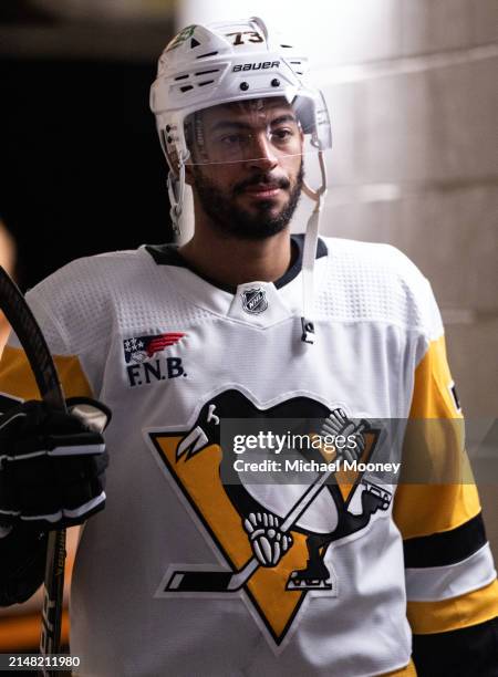 Pierre-Olivier Joseph of the Pittsburgh Penguins walks to the ice before the start of the second period during a game against the Pittsburgh Penguins...