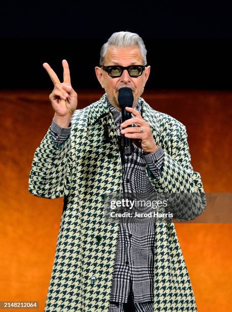 Jeff Goldblum speaks onstage during the Universal Pictures and Focus Features Special Presentation, featuring footage from their upcoming slate,...