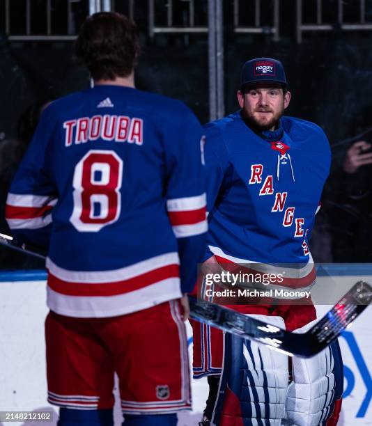 Jonathan Quick of the New York Rangers is honored prior to the game against the Pittsburgh Penguins at Madison Square Garden on April 01, 2024 in New...