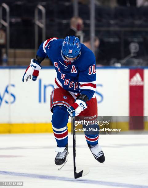 Artemi Panarin of the New York Rangers skates during warmups prior to the game against the Pittsburgh Penguins at Madison Square Garden on April 01,...