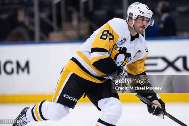 Sidney Crosby of the Pittsburgh Penguins skates during warmups prior to the game against the New York Rangers at Madison Square Garden on April 01,...