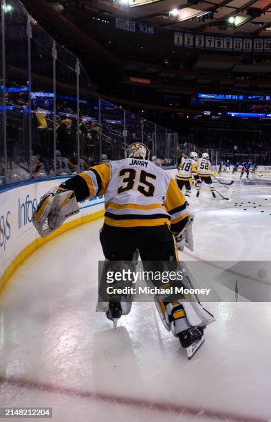 Tristan Jarry of the Pittsburgh Penguins skates during warmups prior to the game against the New York Rangers at Madison Square Garden on April 01,...