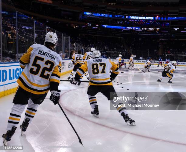 Sidney Crosby of the Pittsburgh Penguins skates during warmups prior to the game against the New York Rangers at Madison Square Garden on April 01,...