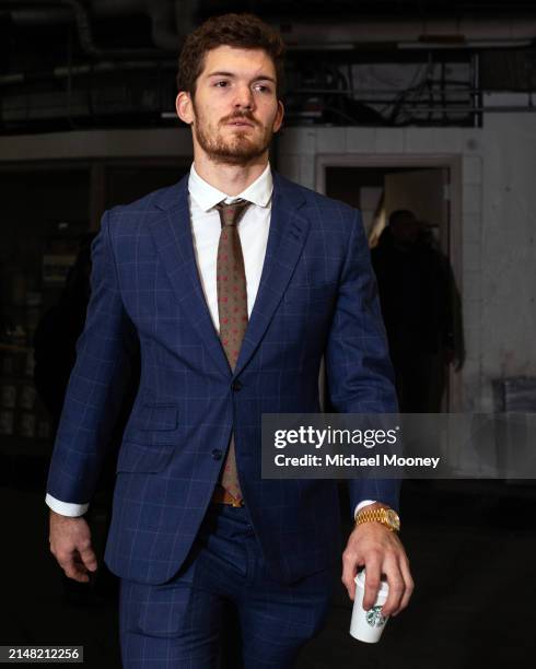 Jack Roslovic of the New York Rangers arrives to the arena prior to the game against the Pittsburgh Penguins at Madison Square Garden on April 01,...