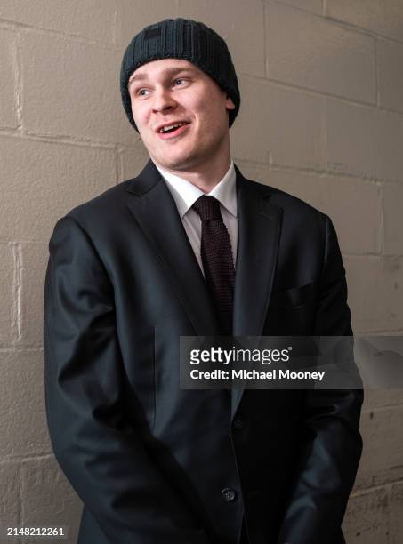 Kaapo Kakko of the New York Rangers arrives to the arena prior to the game against the Pittsburgh Penguins at Madison Square Garden on April 01, 2024...