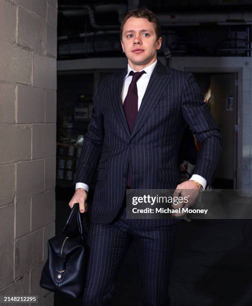 Artemi Panarin of the New York Rangers arrives to the arena prior to the game against the Pittsburgh Penguins at Madison Square Garden on April 01,...