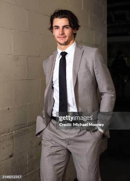 Braden Schneider of the New York Rangers arrives to the arena prior to the game against the Pittsburgh Penguins at Madison Square Garden on April 01,...