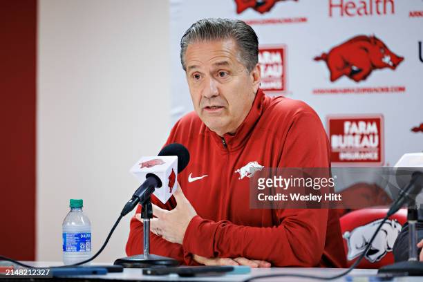 New Arkansas Razorbacks basketball head coach John Calipari holds his first news conference after his introduction at Bud Walton Arena on April 10,...