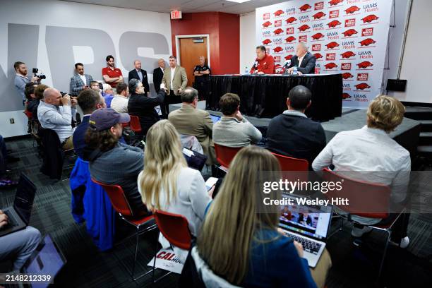 New Arkansas Razorbacks basketball head coach John Calipari holds his first news conference after his introduction at Bud Walton Arena on April 10,...