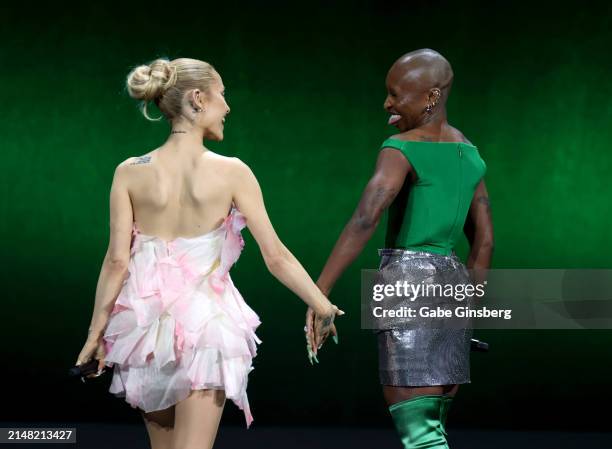 Ariana Grande and Cynthia Erivo speak onstage during the Universal Pictures and Focus Features Presentation during CinemaCon 2024 at The Colosseum at...