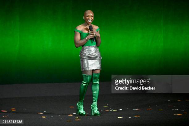 Cynthia Erivo speaks onstage during the Universal Pictures and Focus Features Presentation during CinemaCon 2024 at The Colosseum at Caesars Palace...