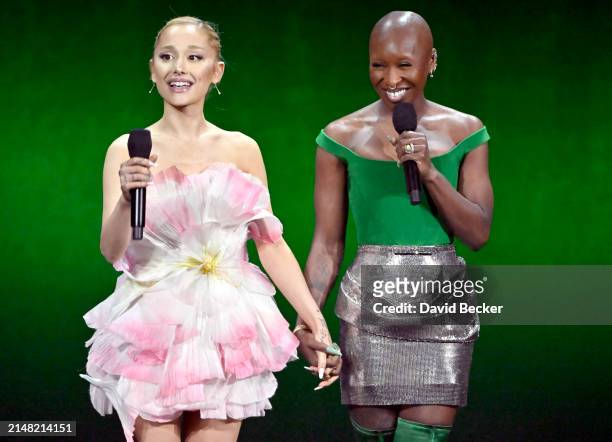 Ariana Grande and Cynthia Erivo speak onstage during the Universal Pictures and Focus Features Presentation during CinemaCon 2024 at The Colosseum at...