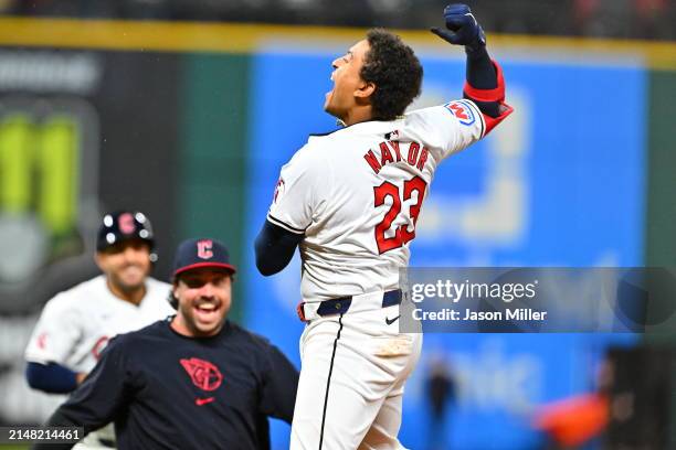 Bo Naylor of the Cleveland Guardians celebrates after hitting a walk-off RBI single in the 10th inning against the Chicago White Sox at Progressive...