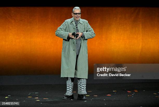 Jeff Goldblum speaks onstage during the Universal Pictures and Focus Features Presentation during CinemaCon 2024 at The Colosseum at Caesars Palace...
