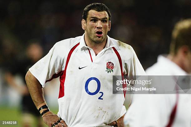 England captain Martin Johnson looks on during the Rugby Union International match between New Zealand and England held on June 14, 2003 at The...