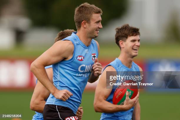 Dougal Howard of the Saints is seen during a St Kilda Saints AFL training session at RSEA Park on April 11, 2024 in Melbourne, Australia.