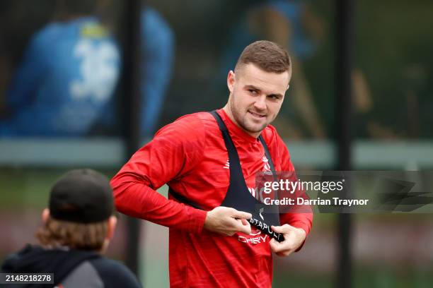 Brad Crouch of the Saints prepares to take part during a St Kilda Saints AFL training session at RSEA Park on April 11, 2024 in Melbourne, Australia.