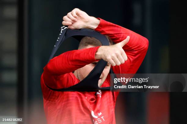 Brad Crouch of the Saints prepares to take part during a St Kilda Saints AFL training session at RSEA Park on April 11, 2024 in Melbourne, Australia.