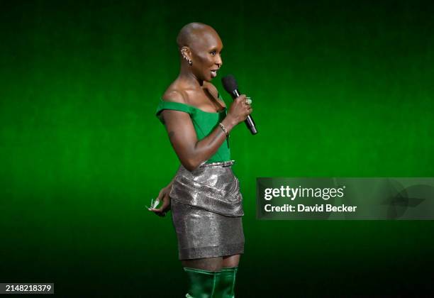 Cynthia Erivo speaks onstage during the Universal Pictures and Focus Features Presentation during CinemaCon 2024 at The Colosseum at Caesars Palace...