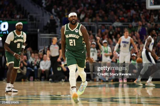 Patrick Beverley of the Milwaukee Bucks reacts to a three point shot during the second half of a game against the Orlando Magic at Fiserv Forum on...