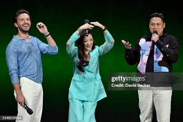 Jonathan Bailey, Michelle Yeoh and Jon M. Chu speak onstage during the Universal Pictures and Focus Features Presentation during CinemaCon 2024 at...