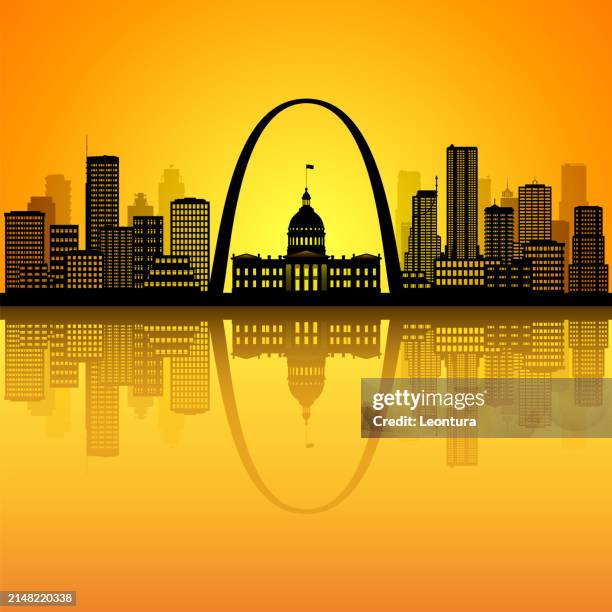 saint louis skyline silhouette (all buildings are moveable, complete and highly detailed) - st louis arch sunrise stock illustrations