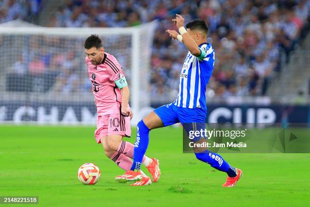 Lionel Messi of Inter Miami fights for the ball with Maximiliano Meza of Monterrey during CONCACAF Champions Cup 2024 Quarterfinals second leg...