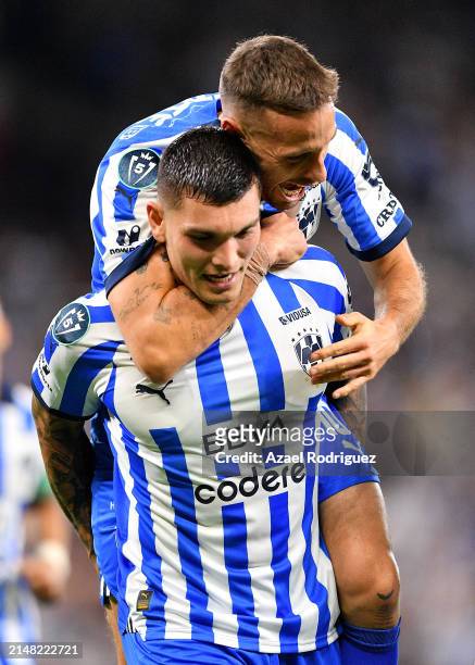 Brandon Vazquez of Monterrey celebrates a goal with Sergio Canales of Monterrey against the Inter Miami in the first half during the CONCACAF...