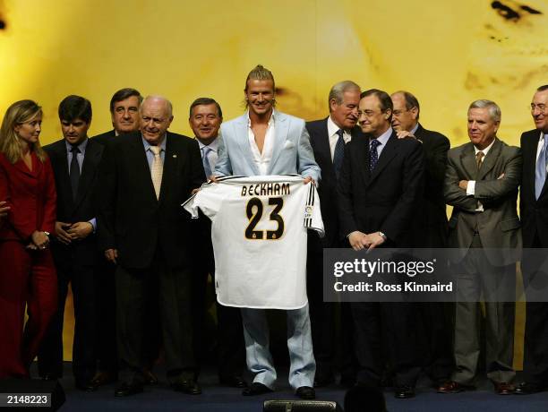 David Beckham is presented to the press at the Real Madrid press conference announcing his signing to Real Madrid on July 2, 2003 at the Pabellon...