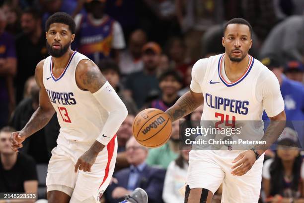 Norman Powell of the LA Clippers handles the ball during the second half of the NBA game at Footprint Center on April 09, 2024 in Phoenix, Arizona....