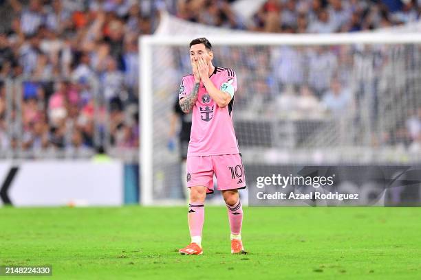 Lionel Messi of Inter Miami reacts against Monterrey in the first half during the CONCACAF Champions Cup 2024 Round of Sixteen second leg at BBVA...