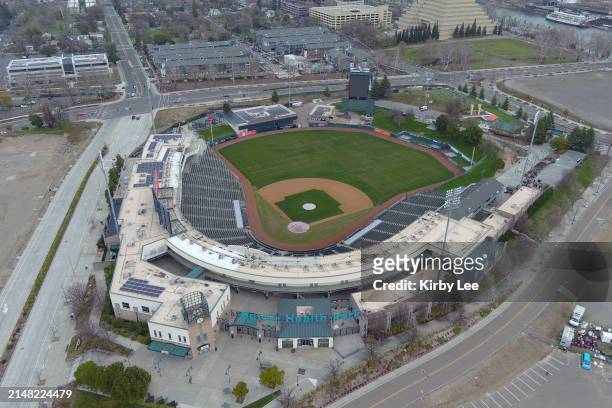 An aerial view of Sutter Health Park on January 24, 2021 in West Sacramento, Calif. The stadium is the home of the Sacramento River Cats.