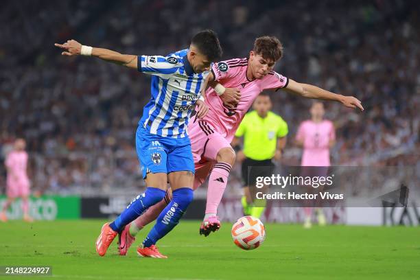 Maximiliano Meza of Monterrey and Noah Allen of Inter Miami battle for the ball in the second half during the CONCACAF Champions Cup 2024 Round of...