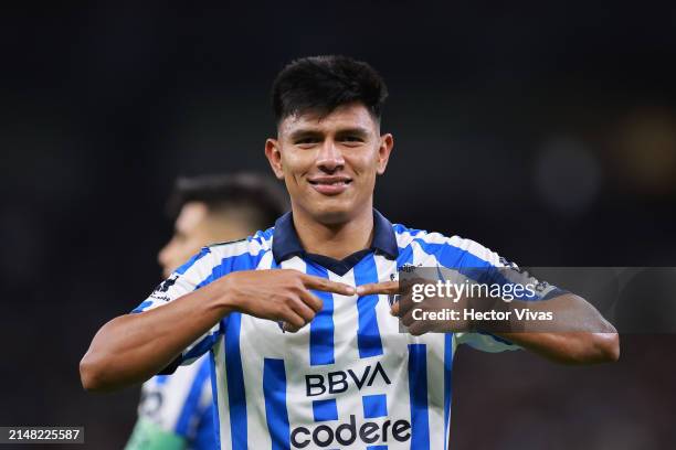 Jesús Gallardo of Monterrey celebrates after a goal against the Inter Miami in the second half during the CONCACAF Champions Cup 2024 Round of...