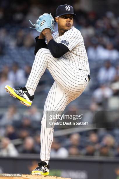 Marcus Stroman of the New York Yankees throws a pitch during the first inning of the game against the Miami Marlins at Yankee Stadium on April 10,...