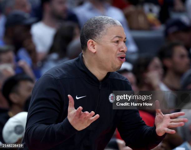 Tyronn Lue of the LA Clippers reacts to play during a 124-108 loss to the Phoenix Suns at Crypto.com Arena on April 10, 2024 in Los Angeles,...