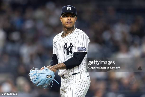 Marcus Stroman of the New York Yankees walks off the field during the fourth inning of the game against the Miami Marlins at Yankee Stadium on April...