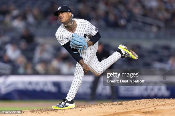 Marcus Stroman of the New York Yankees throws a pitch during the third inning of the game against the Miami Marlins at Yankee Stadium on April 10,...