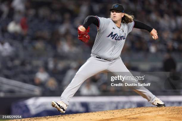 Ryan Weathers of the Miami Marlins throws a pitch during the third inning of the game against the New York Yankees at Yankee Stadium on April 10,...