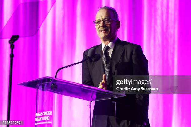 Honorary Chair Tom Hanks speaks onstage during "An Unforgettable Evening" Benefiting The Women's Cancer Research Fund at Beverly Wilshire, A Four...