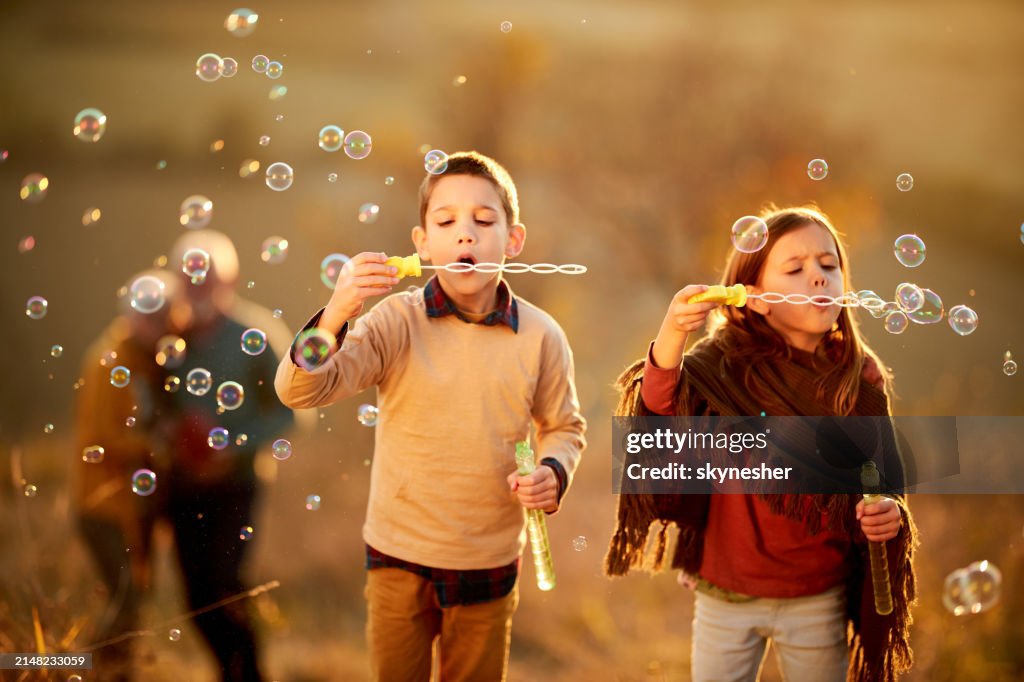 Carefree kids blowing bubbles from bubble wand in nature.