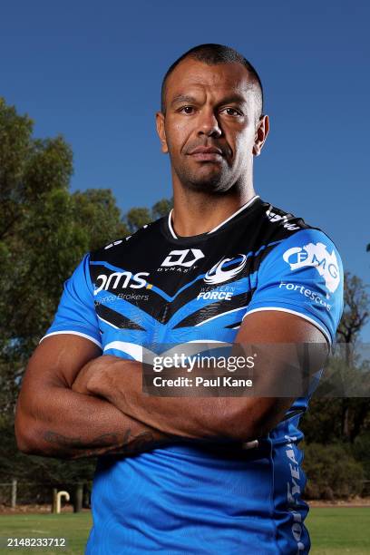 Kurtley Beale poses during a Western Force Super Rugby media opportunity at Force HQ on April 11, 2024 in Perth, Australia.