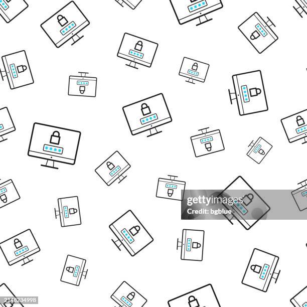desktop computer with password. seamless pattern. line icons on white background - key duplication stock illustrations