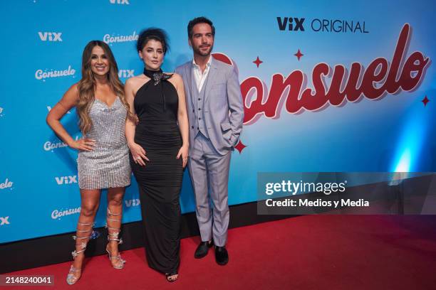 Catherine Siachoque, Cassandra Sánchez Navarro and Erick Chapa pose for a photo during the red carpet for the series 'Consuelo' at Cine Tonala on...