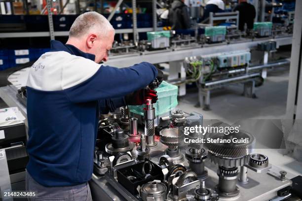 Stellantis worker at work inside of the new Hybrid and PHEV Vehicles Stellantis Group eDCT Assembly Plant on April 10, 2024 in Turin, Italy. The new...