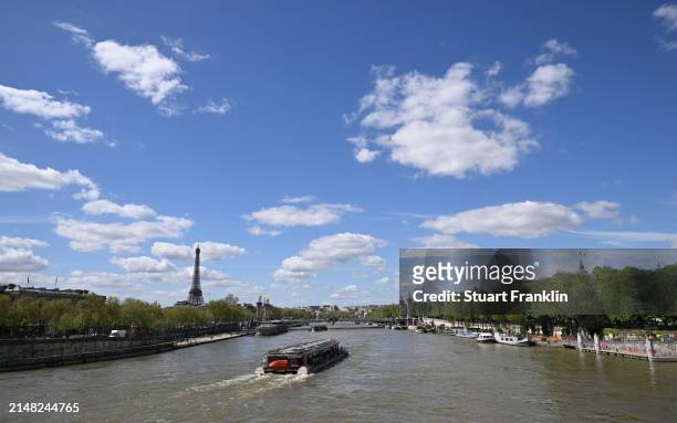 General view on the river Seine on April 10, 2024 in Paris, France. Paris will host the Summer Olympics from July 26 till August 11, 2024.