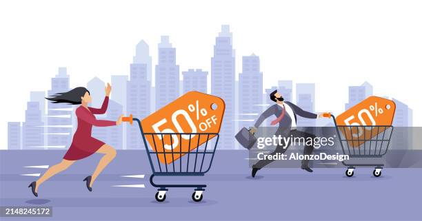 young people racing with shopping cart. - woman supermarket stock illustrations