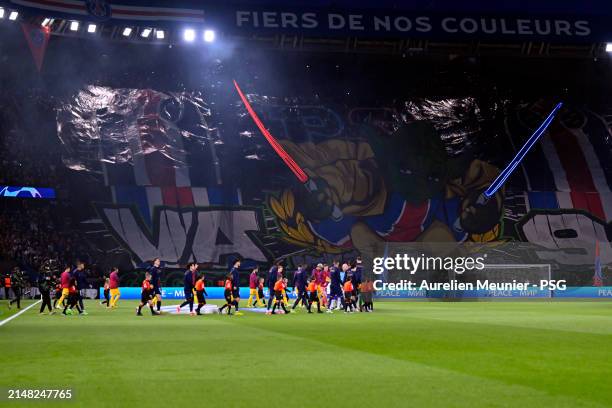 Tifo display from the PSG fans featuring yoda prior to the UEFA Champions League quarter-final first leg match between Paris Saint-Germain and FC...